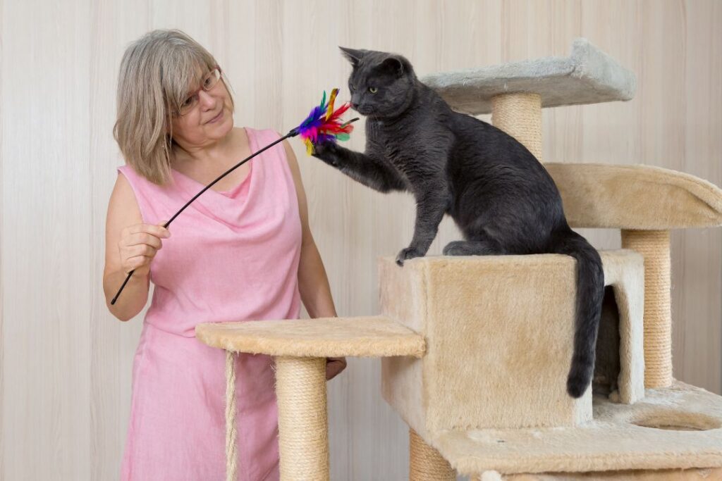 femme sexagénaire s'amusant avec un chat noir